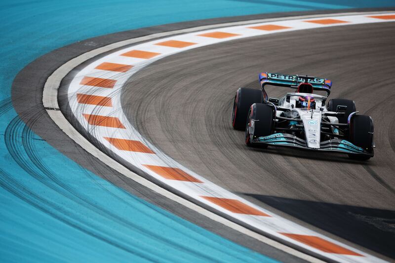 Mercedes driver George Russell on track during second practice ahead of the F1 Grand Prix of Miami at the Miami International Autodrome on May 06, 2022 in Miami, Florida. AFP