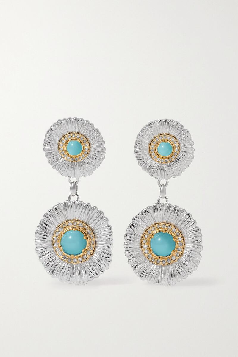 Daisy diamond and agate earrings, Dh13,939, Buccellati, Net-a-Porter. Photo: Net-a-Porter