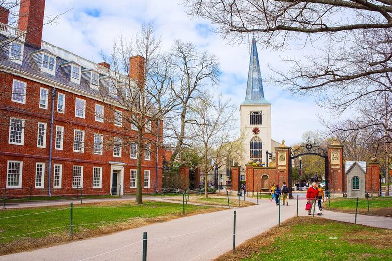Harvard Square, at the western end of Cambridge, Massachusetts. Harvard’s campus is mainly red-brick and steeped in tradition. Alamy