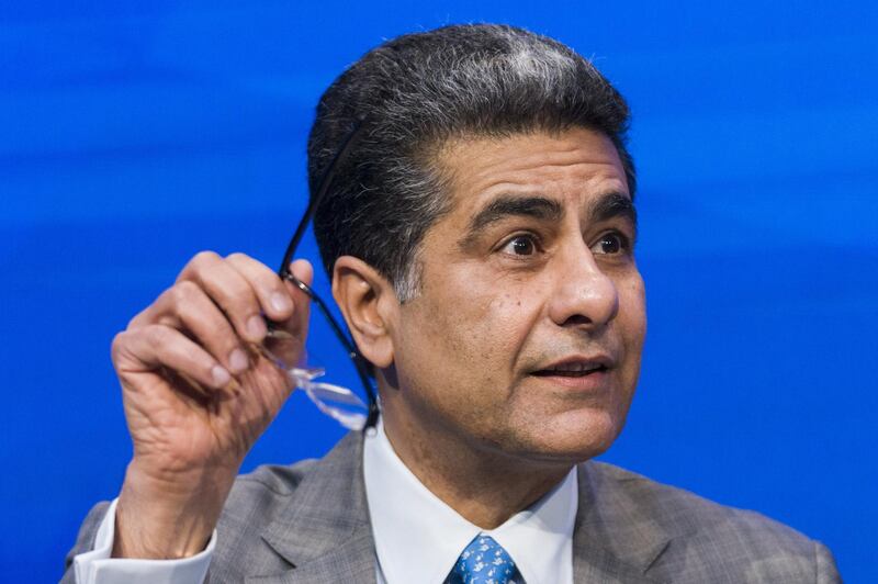 Punit Renjen, CEO of the multinational professional services firm Deloitte, moderates a panel session during the 50th annual meeting of the World Economic Forum (WEF) in Davos.  EPA