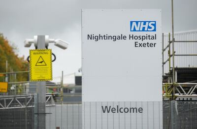 EXETER, ENGLAND - OCTOBER 24: General view of signage outside the Exeter Nightingale Hospital on October 24, 2020 in Exeter, England. (Photo by Finnbarr Webster/Getty Images)