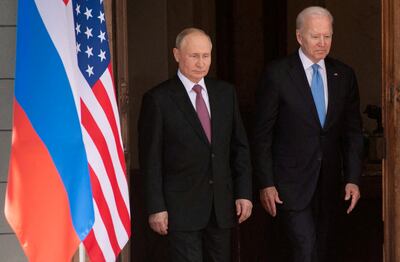 US President Joe Biden and Russian President Vladimir Putin arrive for their summit in Geneva in June 2021. Reuters