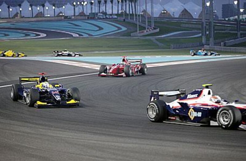 The GP2 cars turn around a corner of the Yas Marina Circuit that hosted the Abu Dhabi Grand Prix.