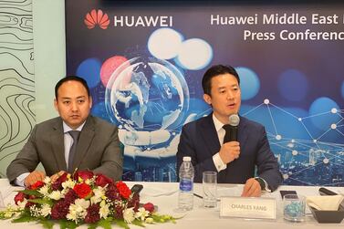 Charles Yang (R), Huawei’s Middle East president, and Li Xiangyu (L), Vice President of Huawei Middle East speak at a media briefing in Oman. Alkesh Sharma / The National 