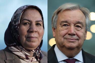 Latifa Ibn Ziaten, a Moroccan-French activist, and UN Secretary General Antonio Guterres each won the Zayed Award for Human Fraternity. Courtesy: Higher Committee for Human Fraternity