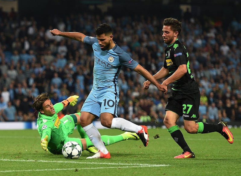 Manchester City striker Sergio Aguero completes his hat-trick against Borussia Monchengladbach. The match ended 4-0 to Manchester City. Peter Powell / EPA