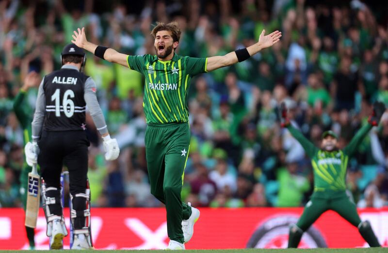 Pakistan's Shaheen Afridi successfully appeals for the wicket of New Zealand opener Finn Allen for four. AFP