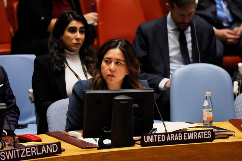 Permanent Representative of the UAE to the UN Lana Nusseibeh speaks during a UN Security Council meeting on the situation in the Middle East on Wednesday. Getty / AFP