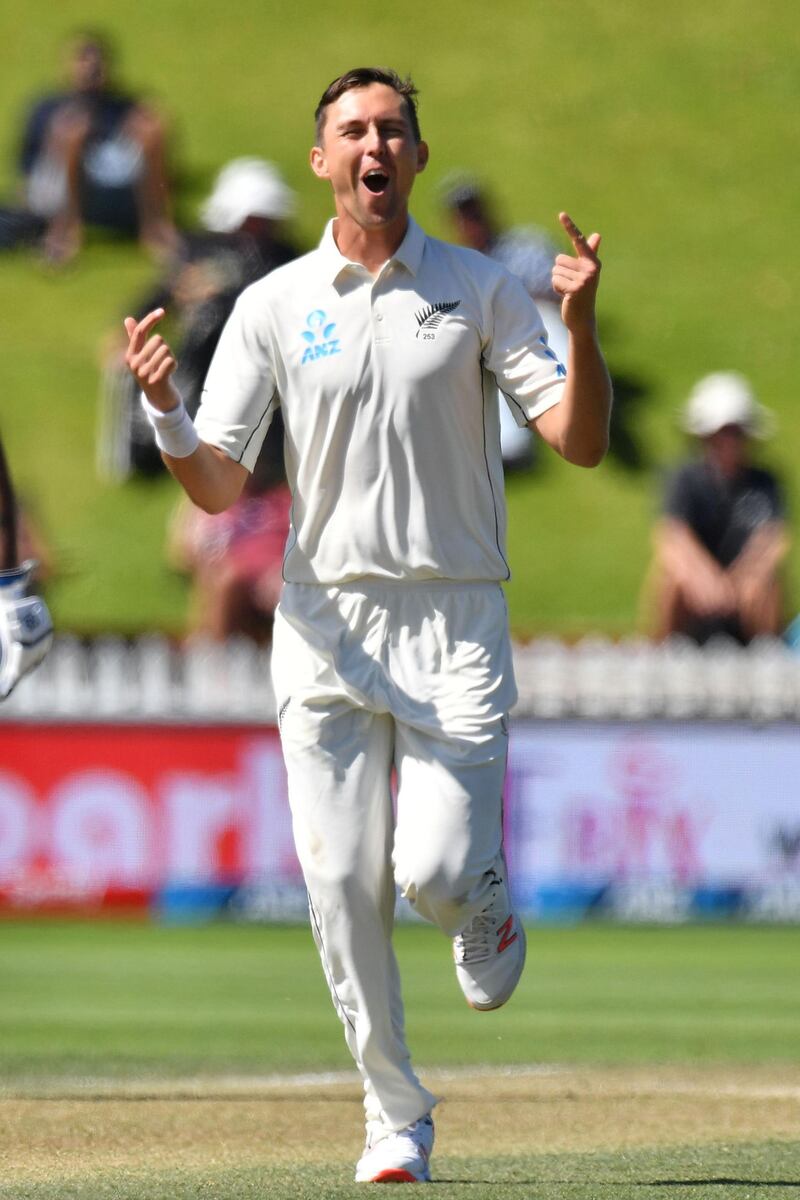 New Zealand's Trent Boult celebrates bowling India's Ajinkya Rahane during day four. AFP