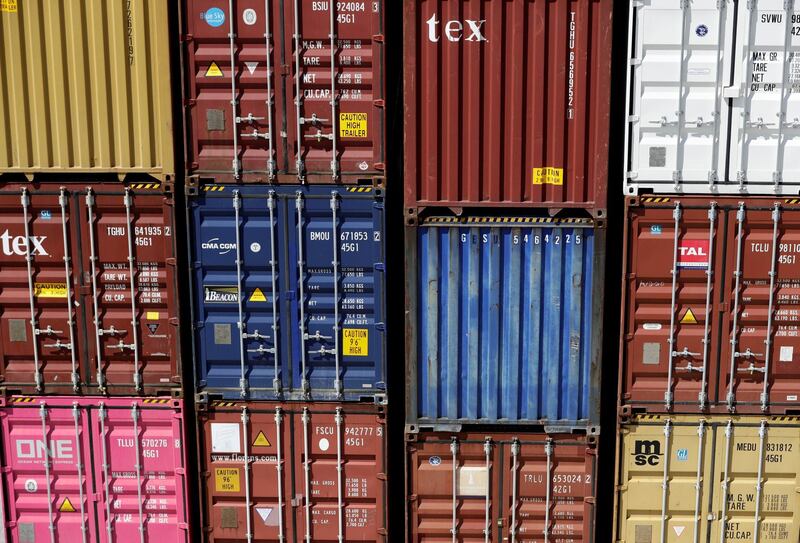 FILE PHOTO: Shipping containers are stacked up at Melnik port on the Labe river in Melnik, Czech Republic, July 25, 2018.  REUTERS/David W Cerny/File Photo