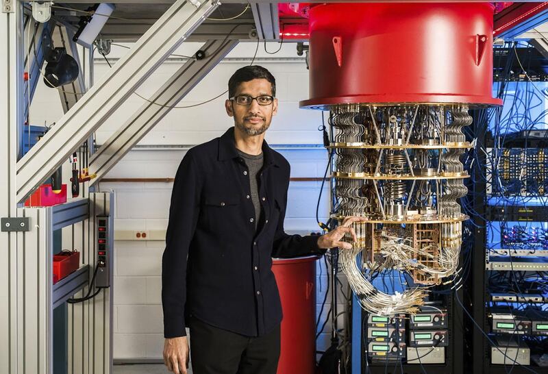 Sundar Pichai with one of Google's quantum computers in the Santa Barbara lab. A quantum computer can reduce a calculation that would ordinarily take years to minutes.