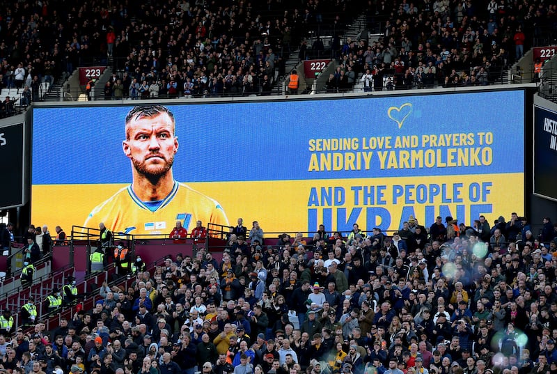 A message of support for West Ham's Ukrainian striker Andriy Yarmolenko on a screen before the Premier League game between West Ham and Wolves at the London Stadium, London, on Sunday, February  27, 2022. PA