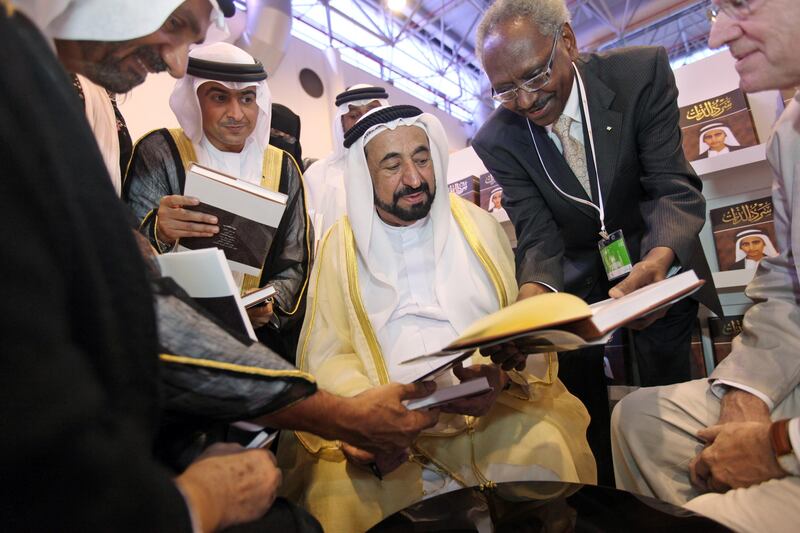 United Arab Emirates - Sharjah - October 26, 2010.

NATIONAL: H.H. Sheikh Dr Sultan Bin Mohammed Al Qasimi signs copies of his autobiography at the Sharjah International Book Fair at the Sharjah Expo Centre on Tuesday, October 26, 2010. Amy Leang/The National