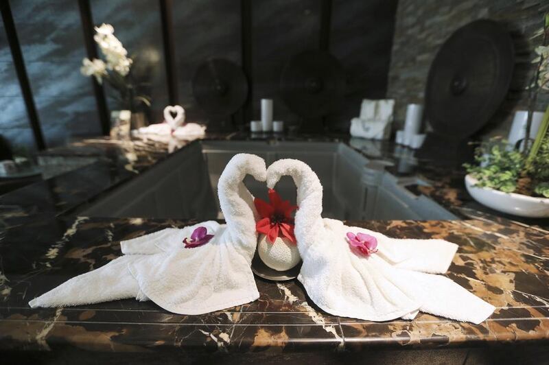 Towels folded into swans in the VIP room at De La Mer Day Spa. Sarah Dea / The National