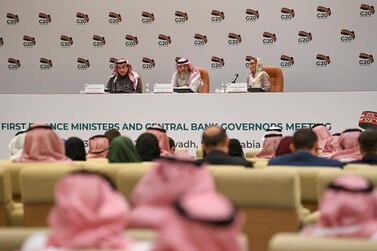 A press conference takes place at the end of the G20 Finance Ministers and Central Bank Governors Meeting in Riyadh, Saudi Arabia, last month. The Group of 20 finance ministers and central bank governors said it was ready to roll our fiscal and monetary measures to aid the response to the coronavirus. EPA