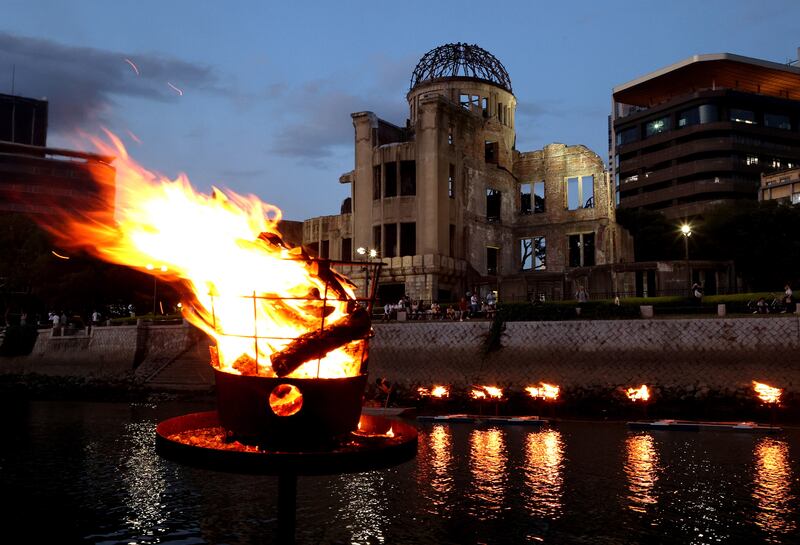 A bonfire is lit to commemorate victims in Hiroshima, Japan, on the eve of the 78th anniversary of the atomic bombing. EPA