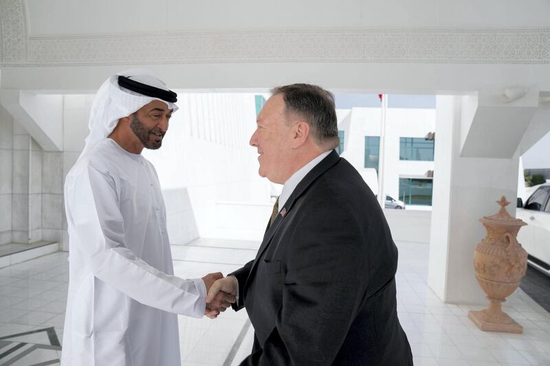 ABU DHABI, UNITED ARAB EMIRATES - September 19, 2019: HH Sheikh Mohamed bin Zayed Al Nahyan, Crown Prince of Abu Dhabi and Deputy Supreme Commander of the UAE Armed Forces (L), greets Michael R Pompeo, Secretary of State of the United States of America (R), prior to a meeting at the Sea Palace


( Mohamed Al Hammadi / Ministry of Presidential Affairs )
---