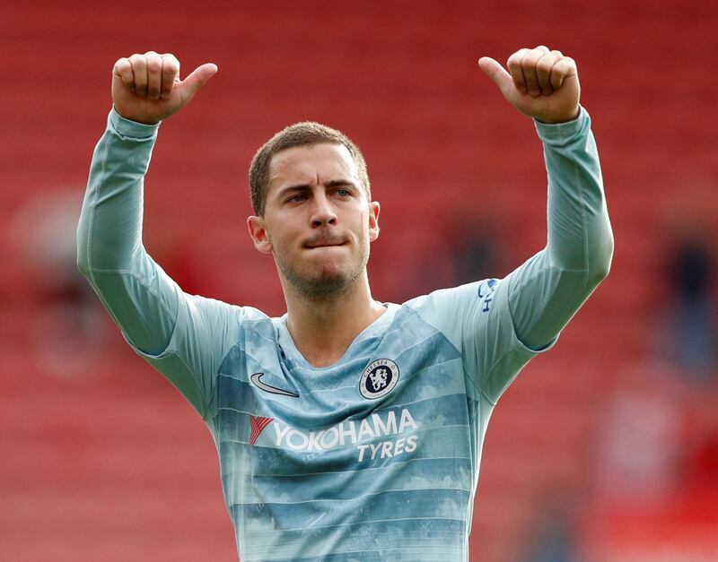 Soccer Football - Premier League - Southampton v Chelsea - St Mary's Stadium, Southampton, Britain - October 7, 2018  Chelsea's Eden Hazard celebrates after the match                Action Images via Reuters/John Sibley  EDITORIAL USE ONLY. No use with unauthorized audio, video, data, fixture lists, club/league logos or "live" services. Online in-match use limited to 75 images, no video emulation. No use in betting, games or single club/league/player publications.  Please contact your account representative for further details.