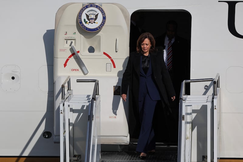 US Vice President Kamala Harris arrives at Munich airport in Germany before heading to the venue of this year's Security Conference. Leonhard Simon / Reuters