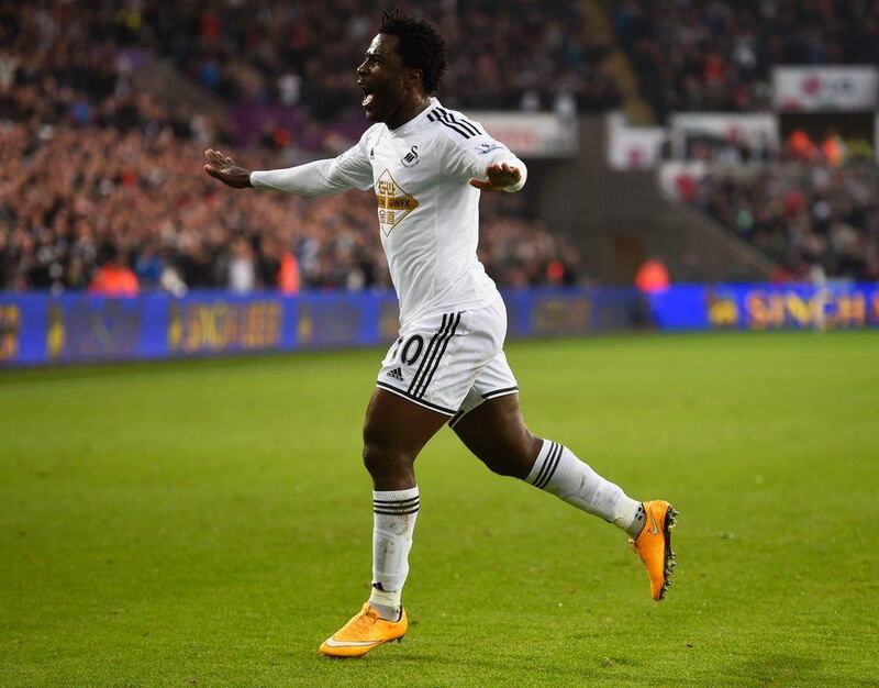 Wilfried Bony of Swansea City celebrates scoring a goal against Crystal Palace in his side's Premier League draw on Saturday. Mike Hewitt / Getty Images / November 29, 2014