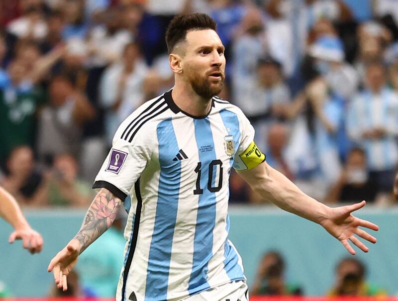 Lionel Messi celebrates scoring Argentina's second goal. Reuters
