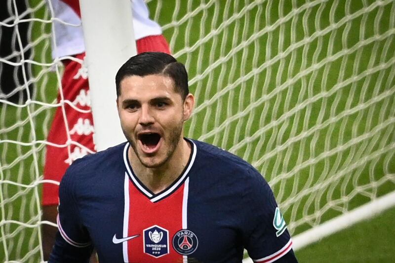 Paris Saint-Germain forward Mauro Icardi celebrates scoring his team's first goal in their 2-0 win against Monaco.