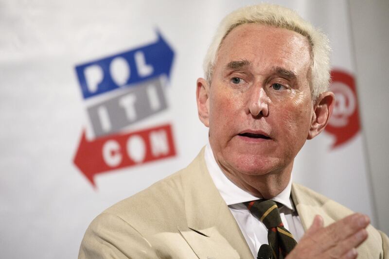 FILE: Roger Stone, former adviser to Donald Trump's presidential campaign, speaks during the Politicon convention inside the Pasadena Convention Center in Pasadena, California, U.S., on Saturday, July 29, 2017. Stone, a longtime Republican strategist and sometime confidant of President Donald Trump, was arrested in Florida on Friday after being indicted in Special Counsel Robert Mueller’s probe into possible coordination between the Trump campaign and Russia before the 2016 U.S. election. Stone, 66, is facing seven counts: one count of obstruction of an official proceeding, five counts of false statements, and one count of witness tampering, according to the U.S. Justice Department. Photographer: Patrick T. Fallon/Bloomberg