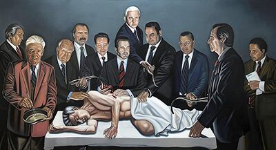 The 'Finger-assisted' Nephrectomy of Prof. Nadey Hakim & the World Presidents of the International College of Surgeons in Chicago (After Rembrandt), by Henry Ward, Medium: Oil Size: 6` (72") x 12` (144"). Courtesy Henry Ward