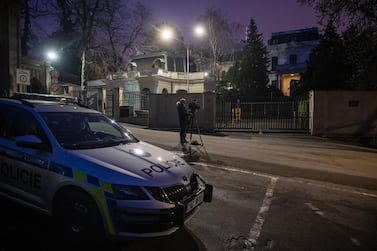 A police car outside the Russian embassy in Prague. EPA