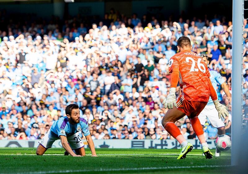 Manchester City's Bernardo Silva scores the first of his goals to make it 4-0. EPA
