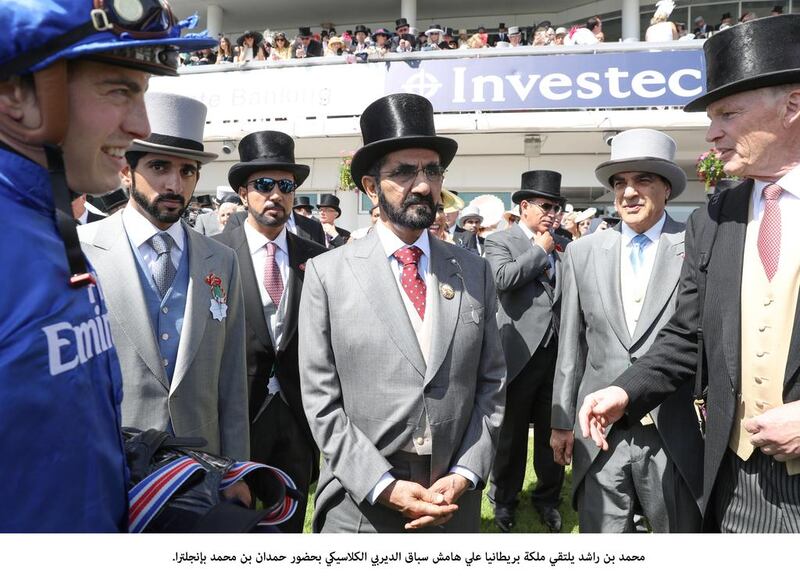 Sheikh Mohammed bin Rashid, Vice President and Ruler of Dubai, Sheikh Hamdan bin Mohammed, Crown Prince of Dubai, and Princess Haya bint Al Hussein, wife of Sheikh Mohammed, attend the Investec Derby Festival at the Epsom Downs Racecourse on Saturday. Godolphin’s Laugh Aloud, ridden by James Doyle, won the 1700 metre Princess Elizabeth stakes (Group 3). Wam