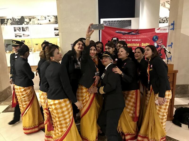 The all female crew of the record-breaking Air India flight during a stop in San Francisco. Courtesy @flySFO via Twitter