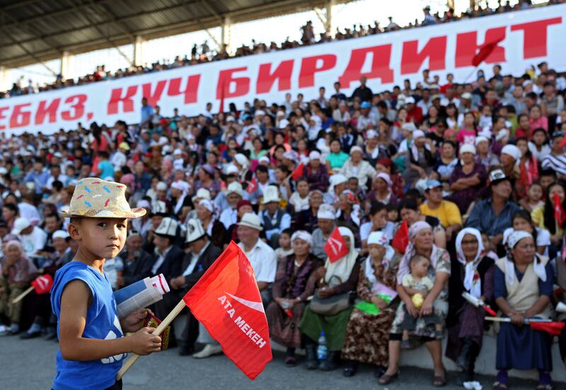 A young supporter of the Ata-Meken (Fatherland) party at a rally in Belovodsk, Kyrgyzstan. Igor Kovalenko / EP