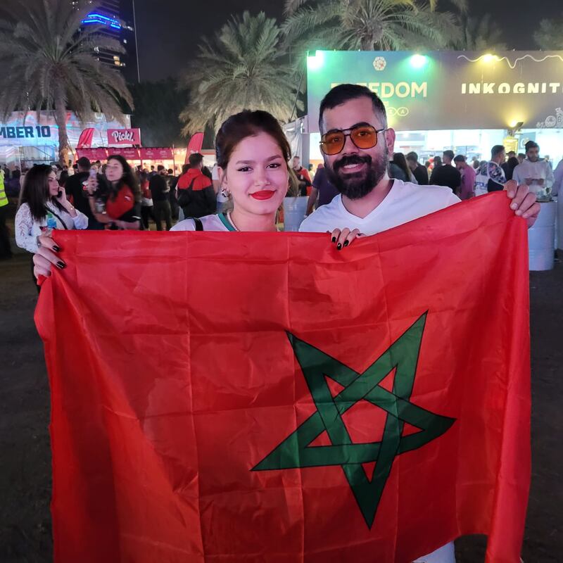 Hiba El Adouli, from Morocco, and Jordanian Saad Al Zarb were cheering the Arab team on. Patrick Ryan / The National