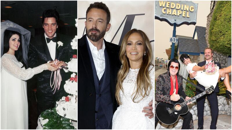 From left, Elvis and Priscilla Presley; Ben Affleck and Jennifer Lopez; and Lily Allen and David Harbour have all married in Las Vegas. Getty Images, AFP, Instagram