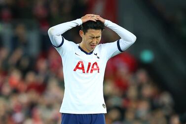 LIVERPOOL, ENGLAND - OCTOBER 27: Heung-Min Son of Tottenham Hotspur reacts in defeat after the Premier League match between Liverpool FC and Tottenham Hotspur at Anfield on October 27, 2019 in Liverpool, United Kingdom. (Photo by Alex Livesey/Getty Images)