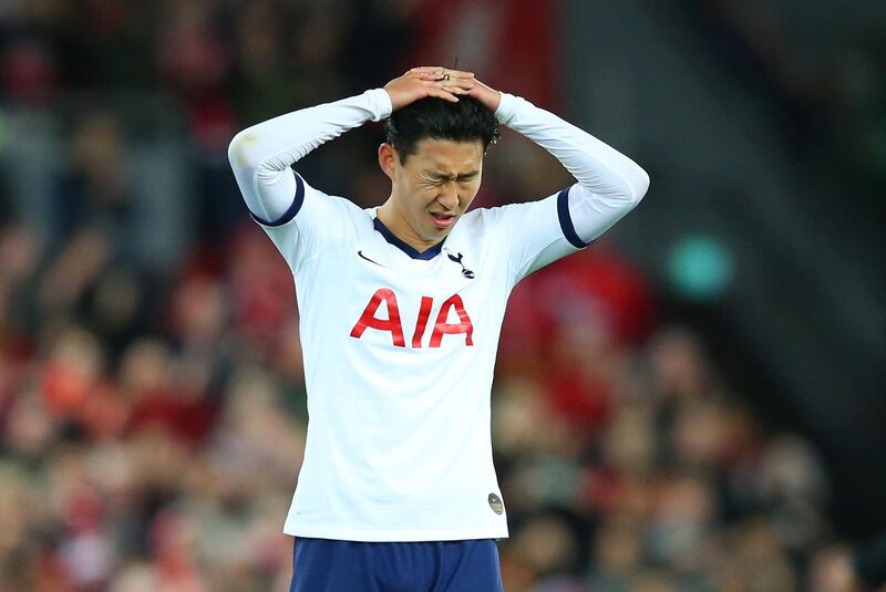 LIVERPOOL, ENGLAND - OCTOBER 27:  Heung-Min Son of Tottenham Hotspur reacts in defeat after the Premier League match between Liverpool FC and Tottenham Hotspur at Anfield on October 27, 2019 in Liverpool, United Kingdom. (Photo by Alex Livesey/Getty Images)