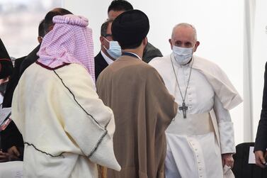 Pope Francis attends an interreligious meeting at the site of the ancient Sumerian city of Ur, near Nasiriyah, in southern Iraq. EPA