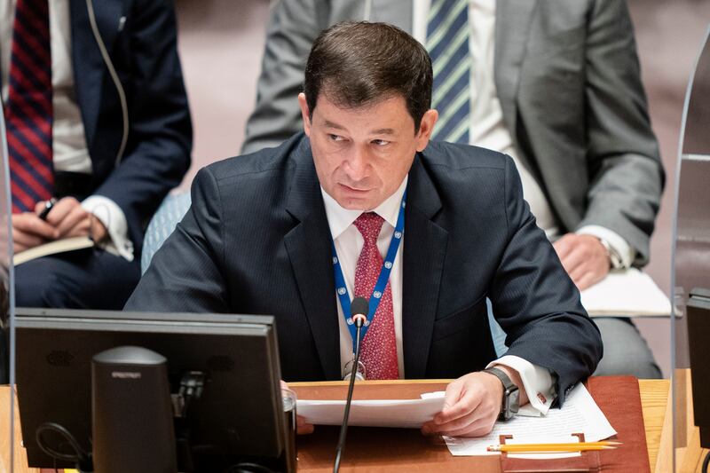 Dmitry Polyanskiy, Russia's deputy UN representative, speaks at a meeting of the Security Council. EPA