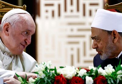 Pope Francis and Grand Imam of Al Azhar, Dr Ahmed Al Tayeb in Bahrain, on November 4. Reuters