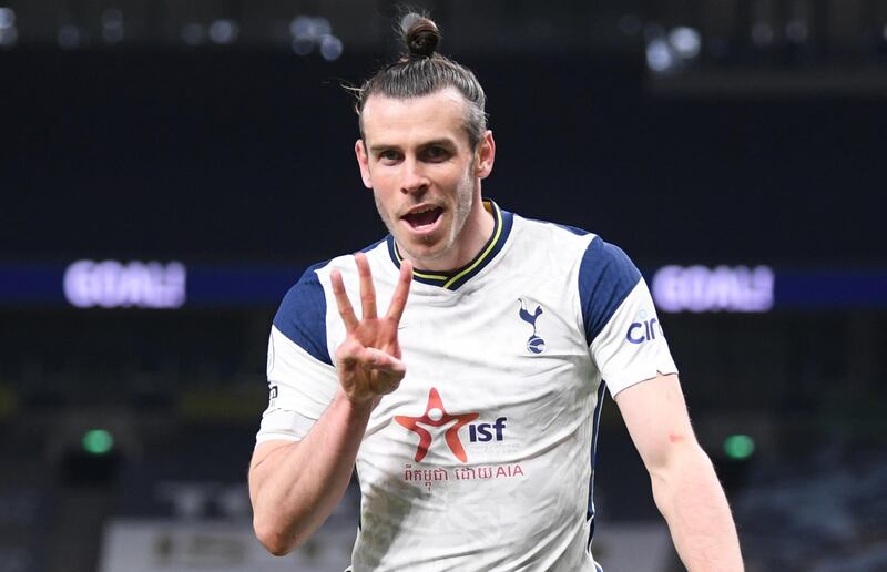 epa09174635 Tottenham's Gareth Bale celebrates after scoring the 3-0 lead during the English Premier League soccer match between Tottenham Hotspur and Sheffield United in London, Britain, 02 May 2021.  EPA/Shaun Botterill / POOL EDITORIAL USE ONLY. No use with unauthorized audio, video, data, fixture lists, club/league logos or 'live' services. Online in-match use limited to 120 images, no video emulation. No use in betting, games or single club/league/player publications.