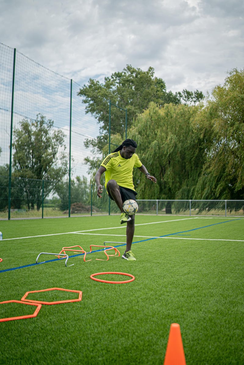 Al Hilal striker Bafetimbi Gomis takes part in training drills. Credit: Courtesy Adidas
