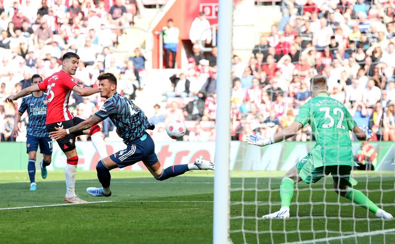 Southampton's Jan Bednarek scores the winning goal against  Arsenal at St Mary's. PA