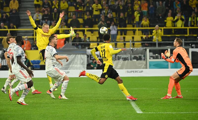 Dortmund forward Erling Braut Haaland goes for goal against Bayern.