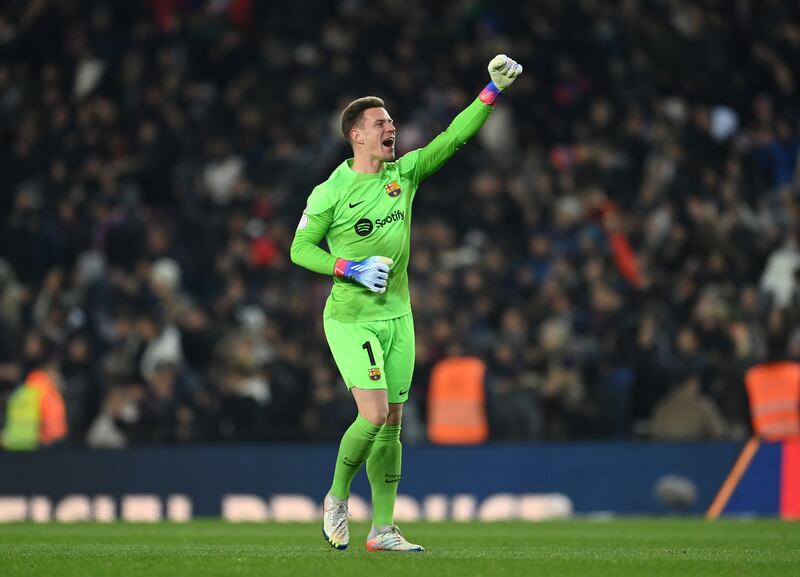 Barca goalkeeper Marc-Andre ter Stegen celebrates Dembele's goal. Getty