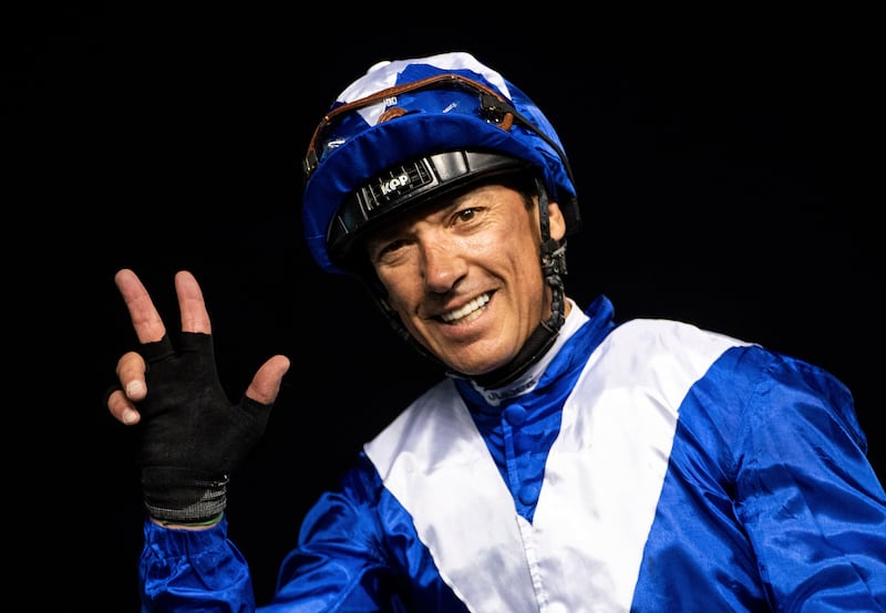 Frankie Dettori reacts after winning Group 1 Dubai Turf over 1800m at the Meydan racecourse in Dubai earlier this year. AP