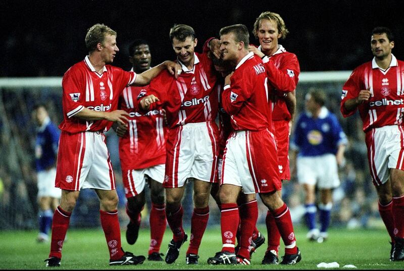 9 Sep 1998:  Middlesbrough celebrate Paul Gascoigne's goal during the FA Carling Premiership match against Leicester City at Filbert Street in Leicester, England. Middlesbrough won 1-0. \ Mandatory Credit: Ross Kinnaird /Allsport