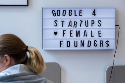 A sign reading 'Google 4 Startups Female Founders' sits on a wall inside Google LLC's office in Berlin, Germany, on Wednesday, May 29, 2019. Google Chief Executive Officer Sundar Pichai turned down a big new grant of restricted stock in 2018 because he felt he was already paid generously, according to a person familiar with the decision. Photographer: Krisztian Bocsi/Bloomberg