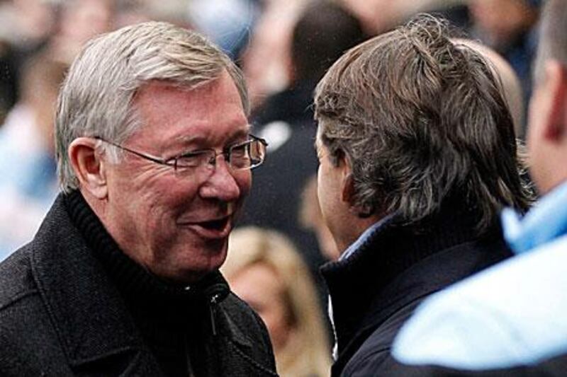 Sir Alex Ferguson and Roberto Mancini exchanged pleasantries before the start of the game.