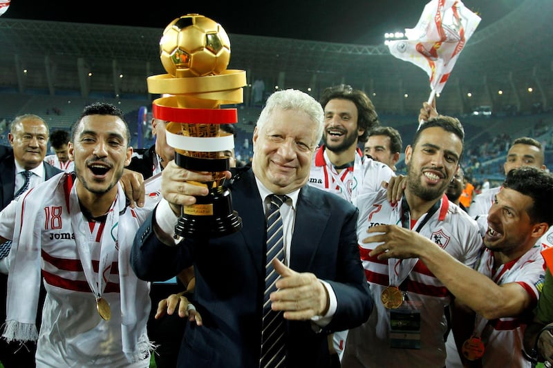 epa07074981 Zamalek's president Mortada Mansour (C) and Zamalek's players celebrate after the Egyptian-Saudi Super Cup match between Saudi al-Hilal and Egypt's Zamalek, in Riyadh, Saudi Arabia, 06 October 2018.  EPA-EFE/AHMED YOSRI *** Local Caption *** 54681806